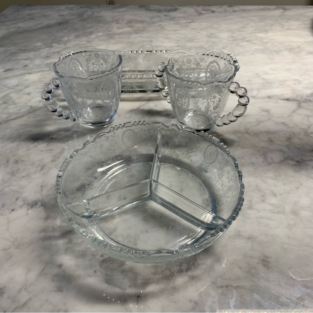 Tiffin Franciscan Cherokee Rose Clear Glass Sugar Cream Divided Dish Oblong Dish